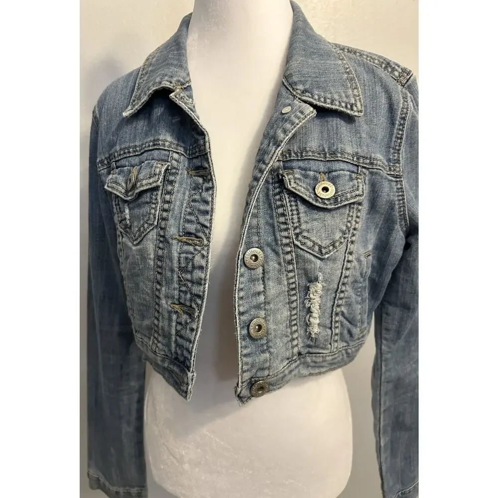VTG 90s Denim Jacket Women’s M Cropped Western Dollhouse Sexy Cowgirl Hipster